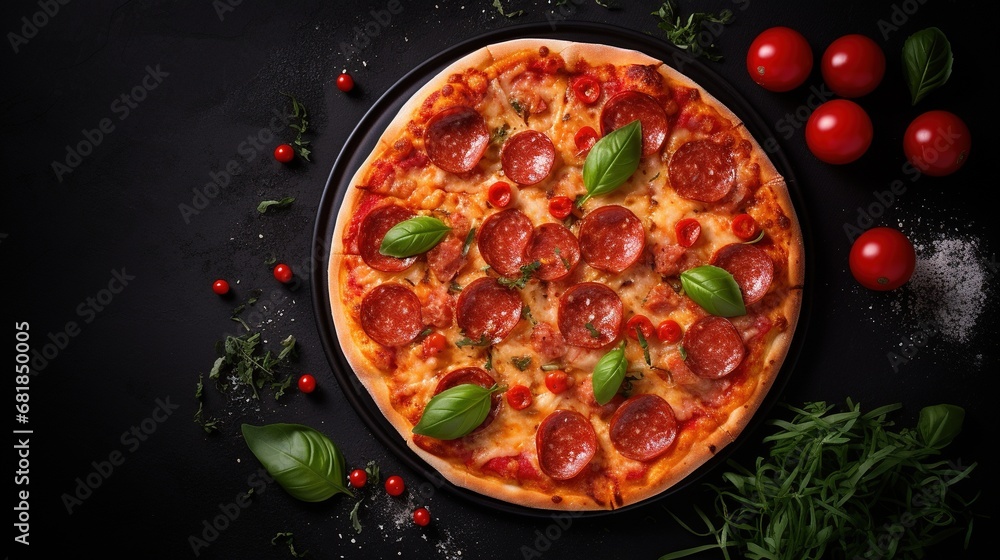 Top view of a mouthwatering pepperoni pizza surrounded by cooking ingredients like tomatoes and basil on a stylish black concrete background. A tempting display of hot and flavorful pepperoni pizza.