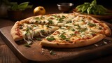 A tantalizing slice of hot Italian pizza featuring irresistibly stretching cheese. This delectable pizza showcases a blend of four cheeses complemented by fresh basil.