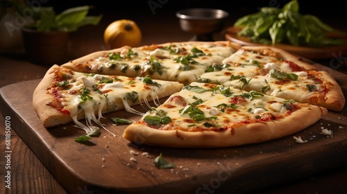 A tantalizing slice of hot Italian pizza featuring irresistibly stretching cheese. This delectable pizza showcases a blend of four cheeses complemented by fresh basil. photo
