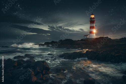 Picturesque Illuminated lighthouse. Ocean light coastline. Generate Ai