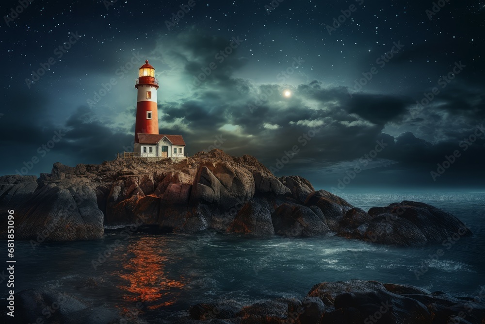 Glowing Illuminated lighthouse. Ocean light coastline. Generate Ai