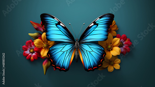 A close-up of a blue butterfly on flower petals. Generative AI © anna