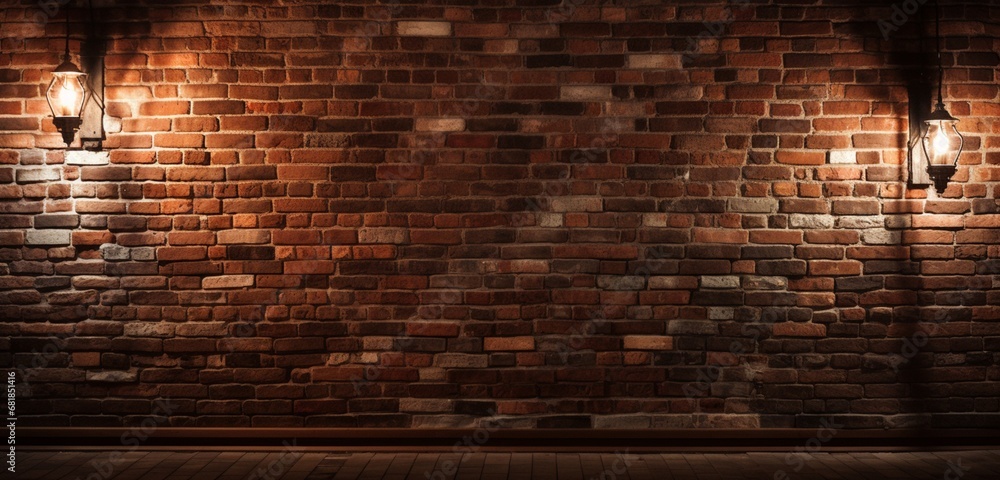 A rustic brick wall with warm lighting.