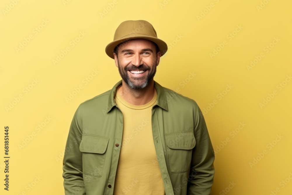 Portrait of a smiling man with hat and jacket on yellow background Portrait of a smiling man with hat and jacket on yellow background