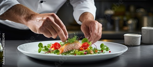 At the elegant white-themed restaurant, a talented chef is seen cooking a sumptuous dinner of healthy seafood cuisine, including a mouthwatering fish dish with a red tomato and green vegetable soup