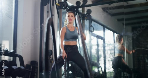 Gym, face and fitness woman with battle ropes for weight loss, power or body challenge. Training, mindset and strong bodybuilder at sports studio for wellness, energy or weightlifting cardio workout photo
