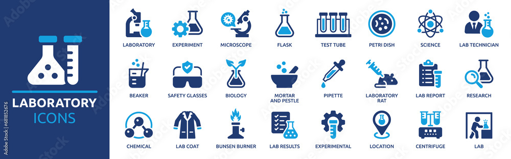 Laboratory icon set. Containing experiment, test tube, microscope, flask, chemical, biology, research, lab and more. Solid vector icons collection. - obrazy, fototapety, plakaty 