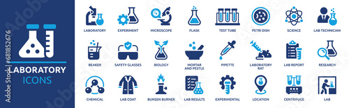 Laboratory icon set. Containing experiment, test tube, microscope, flask, chemical, biology, research, lab and more. Solid vector icons collection. photo