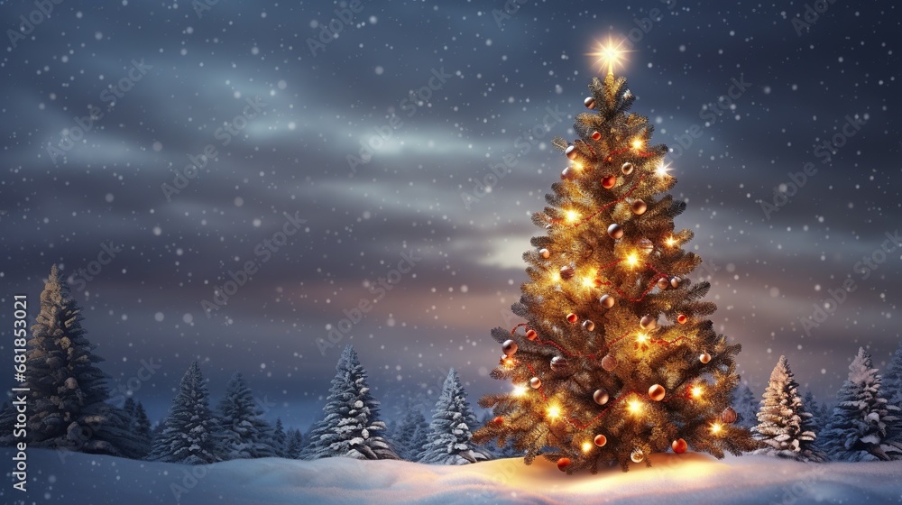 Snow-covered Christmas tree with festive lights in a serene winter landscape at night. Magical Christmas scenery with a decorated tree among snowfall and pine forest.