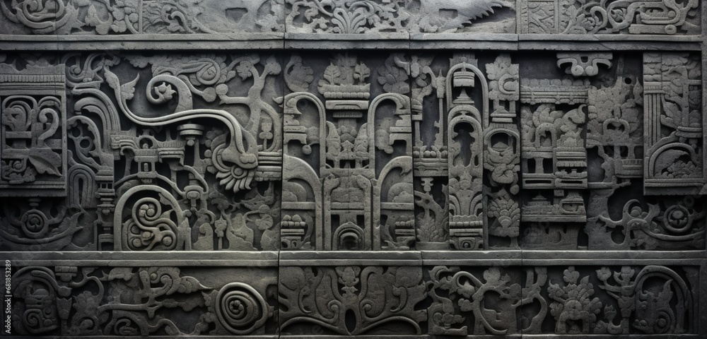 A concrete wall with intricate carvings.
