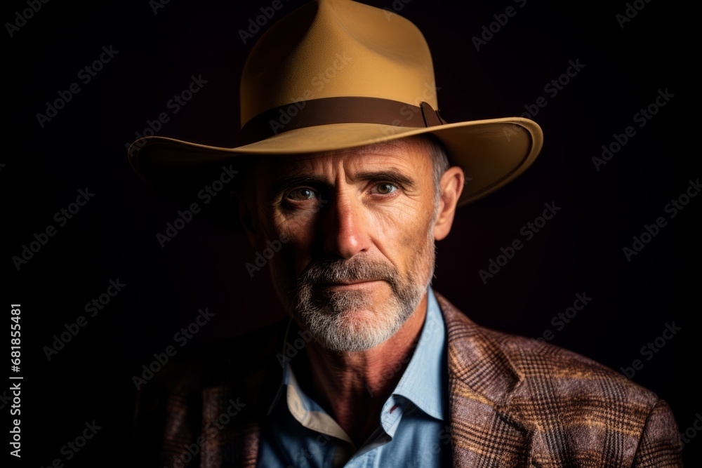 Portrait of a senior man wearing cowboy hat on black background. Portrait of a senior man wearing cowboy hat on black background.