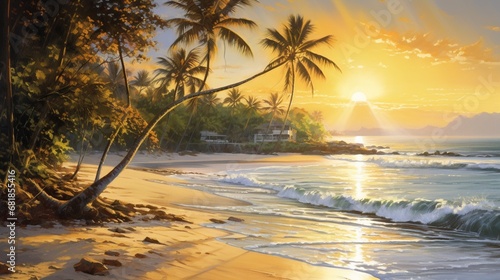An impressionistic view of a tropical beach at dawn, with the early morning sun casting a radiant yellow glow over the peaceful scenery.