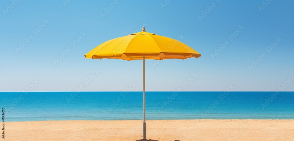 A serene view of a beach umbrella, with its vibrant colors standing out against a sunny, yellow background, providing a sense of a peaceful seaside retreat.