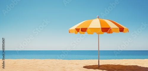 A serene view of a beach umbrella, with its vibrant colors standing out against a sunny, yellow background, providing a sense of a peaceful seaside retreat.