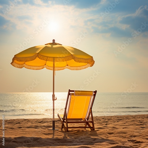 A stylish  empty beach chair facing the sea  accompanied by a fashionable sun umbrella  set against a vivid yellow sky  capturing the essence of a peaceful day at the beach.
