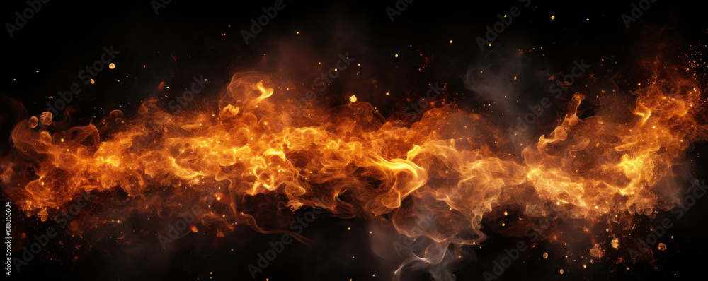 Abstract fire and smoke at night, panoramic banner of burning pattern isolated on black background. Concept of flame, texture, nature, space, gas, inferno, hell Abstract fire and smoke at night, panoramic banner of burning pattern isolated on black background. Concept of flame, texture, nature, space, gas, inferno, hell