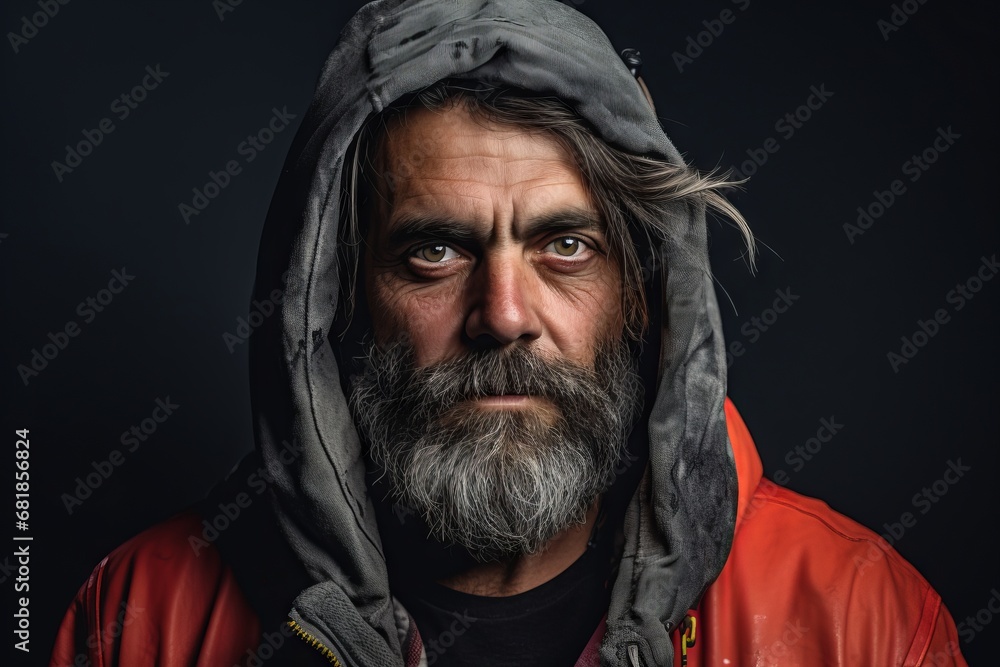 Portrait of an old man with a long gray beard and mustache in a red raincoat on a dark background Portrait of an old man with a long gray beard and mustache in a red raincoat on a dark background