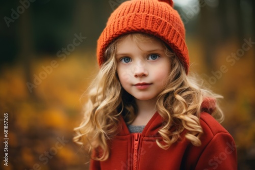 Portrait of a cute little girl in a red coat and hat