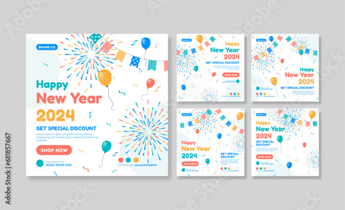 Happy new year 2024 social media post template design collection, Colorful new year social media template
