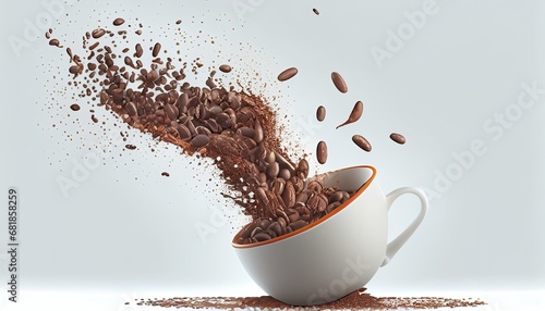 Coffee beans powder Fly out white cup 3d illustration isolated hot drink bean concept black beverage espresso brown background caffeine seed object roasted texture mug up cafes flying mocha food