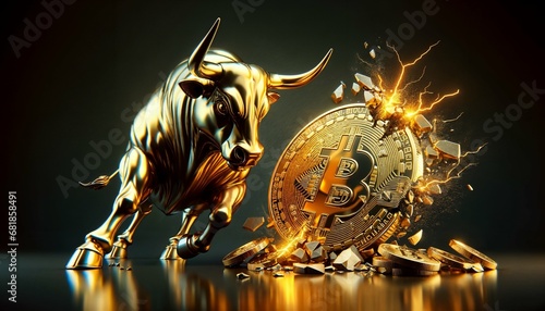 Bull financial market concept in gold and black - Focused on Bitcoin and other cryptocurrencies with copyspace