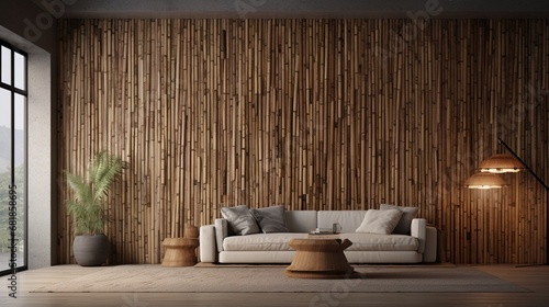 A wall with a unique bamboo paneling texture in natural colors