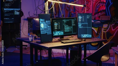 Jib down shot of advanced technology computer system running malicious code in empty warehouse. PC monitors in empty graffiti painted underground hideout used by hackers to commit illicit activities photo