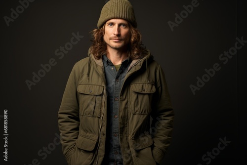 handsome man in winter jacket looking at camera isolated on black background