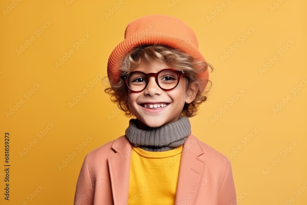 Portrait of a cute little boy in orange hat and glasses over yellow background Portrait of a cute little boy in orange hat and glasses over yellow background