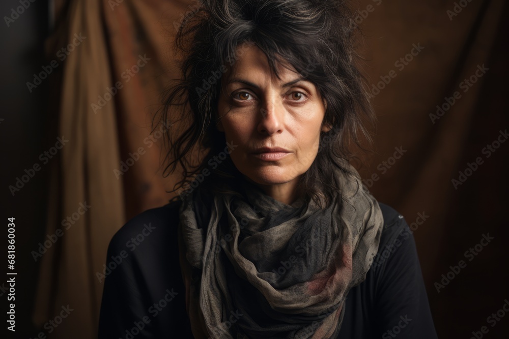 Portrait of a woman with a scarf on a dark background. Portrait of a woman with a scarf on a dark background.