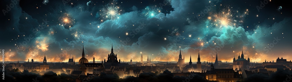 Obraz premium Cityscape at Night: A Spectacular Celebration Under the Starry Sky