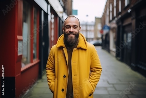 Portrait of a handsome bearded man in a yellow coat in the city