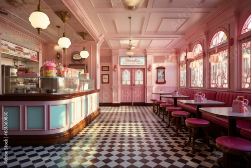 Vintage Interior ice cream parlor. Food dessert. Generate Ai
