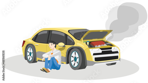 Vector or Illustrator of driving man sits sadly and waits for something next to the car. Yellow passenger car was emitting a lot of smoke with the hood open.
Isolated white background.