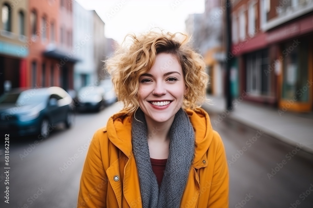 Portrait of a beautiful young woman with curly hair smiling in the city