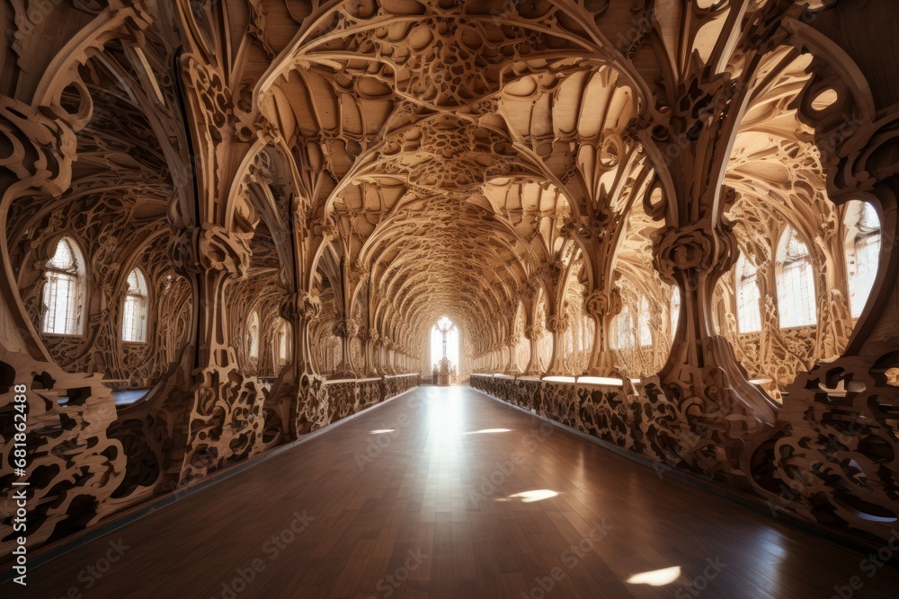 Grandiose Wooden interior cathedral. Culture tourism. Generate Ai