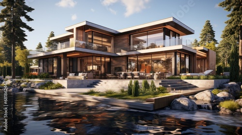 3d rendering of modern house by the river at morning, house, luxury, villa, modern, architecture, building, exterior, residential, property, designer