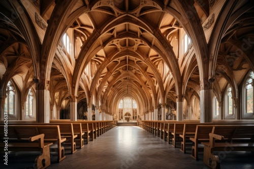 Gothic Wooden interior cathedral. Culture tourism. Generate Ai