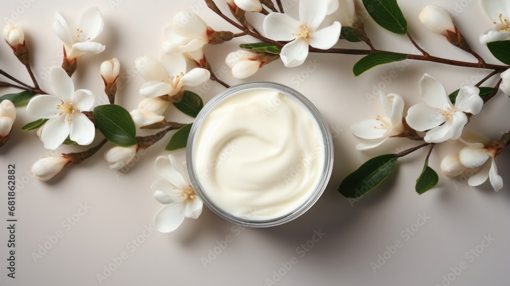 whitening and moisturizing Face cream in an open glass jar and flowers on white background. Set for spa, skin care and body products and solutions for skin problems such as scars, acne, wrinkles. whitening and moisturizing Face cream in an open glass jar and flowers on white background. Set for spa, skin care and body products and solutions for skin problems such as scars, acne, wrinkles.