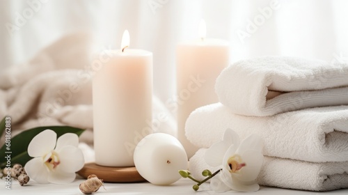 Beautiful spa treatment composition such as Towels  candles  essential oils  Massage Stones on light wooden background. blur living room  natural creams and moisturizing Healthy lifestyle  body care