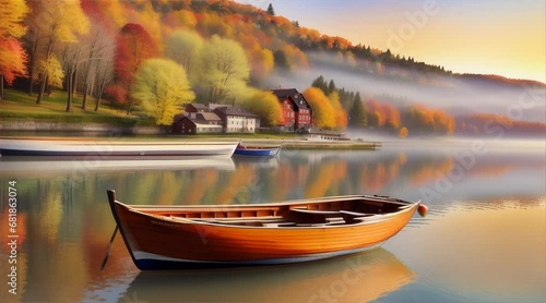 イタリアの湖の上をあてもなく揺れる木製ボート｜A wooden boat swinging aimlessly on a lake in Italy Generative AI photo