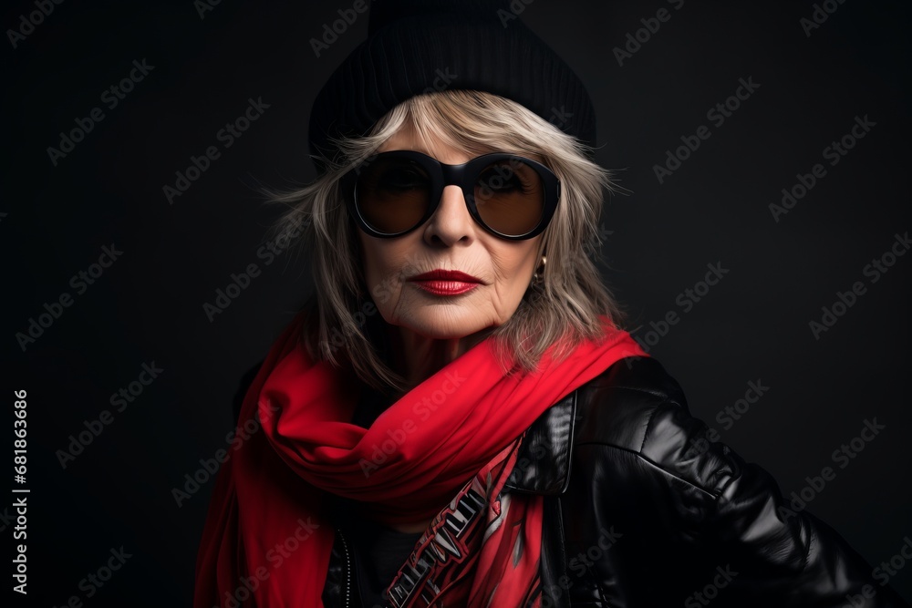 Portrait of a stylish middle-aged woman in sunglasses and a red scarf. Portrait of a stylish middle-aged woman in sunglasses and a red scarf.