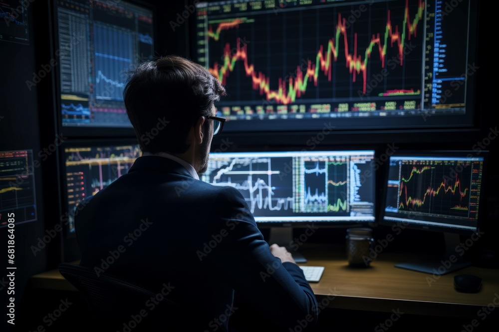 Attentive Investor watching online. Online trade market. Fictional person. Generate Ai