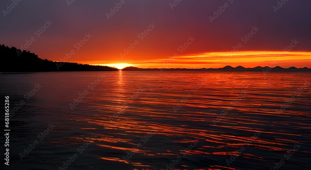 夕日が沈む瞬間の海と島の景色、美しいオレンジとかなり暗くなっている様子