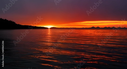 夕日が沈む瞬間の海と島の景色、美しいオレンジとかなり暗くなっている様子
