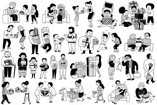 Cute character of people in family exchanging, giving, receiving gifts or present box in special occasion. Black and white ink hand drawn style, outline, thin line art. Big set, bundle. 