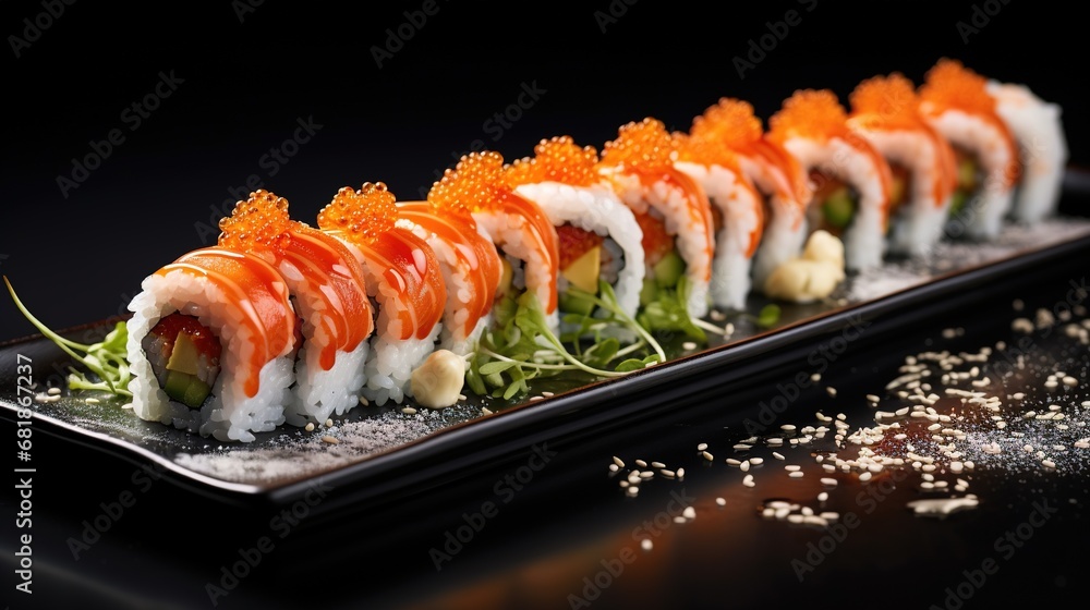 Philadelphia roll sushi with salmon, cucumber, avocado, cream cheese, tobiko caviar. Sushi menu. Japanese food. Philadelphia roll sushi with salmon, cucumber, avocado, cream cheese, tobiko caviar. Sushi menu. Japanese food.