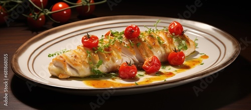 In a picture-perfect plate, a white fish fillet lies alongside succulent roasted chicken, both garnished with fresh tomatoes, making it a healthy and delectable meal. The dish is complete with a touch