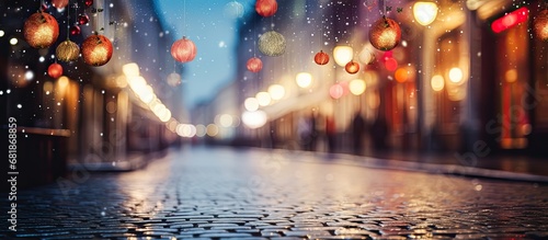 In the vintage city streets, the night comes alive with the magic of Christmas as colorful bokeh lights create abstract designs, casting a vibrant glow on the urban landscape.