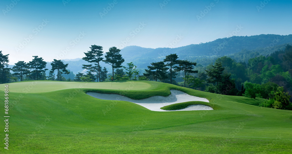 Fototapeta premium 골프, 골프장, 그린, 깃대, 핀, 파노라마